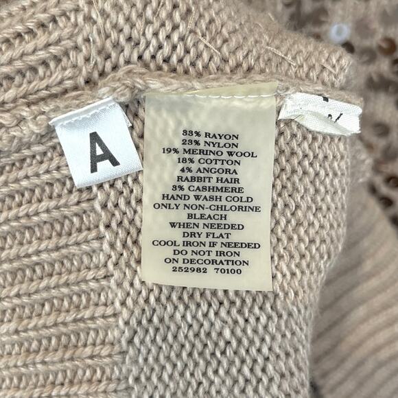 ANN TAYLOR Sequin Cardigan Sweater Embellished Wool Angora Cashmere Beige Tan L - Picture 7 of 8